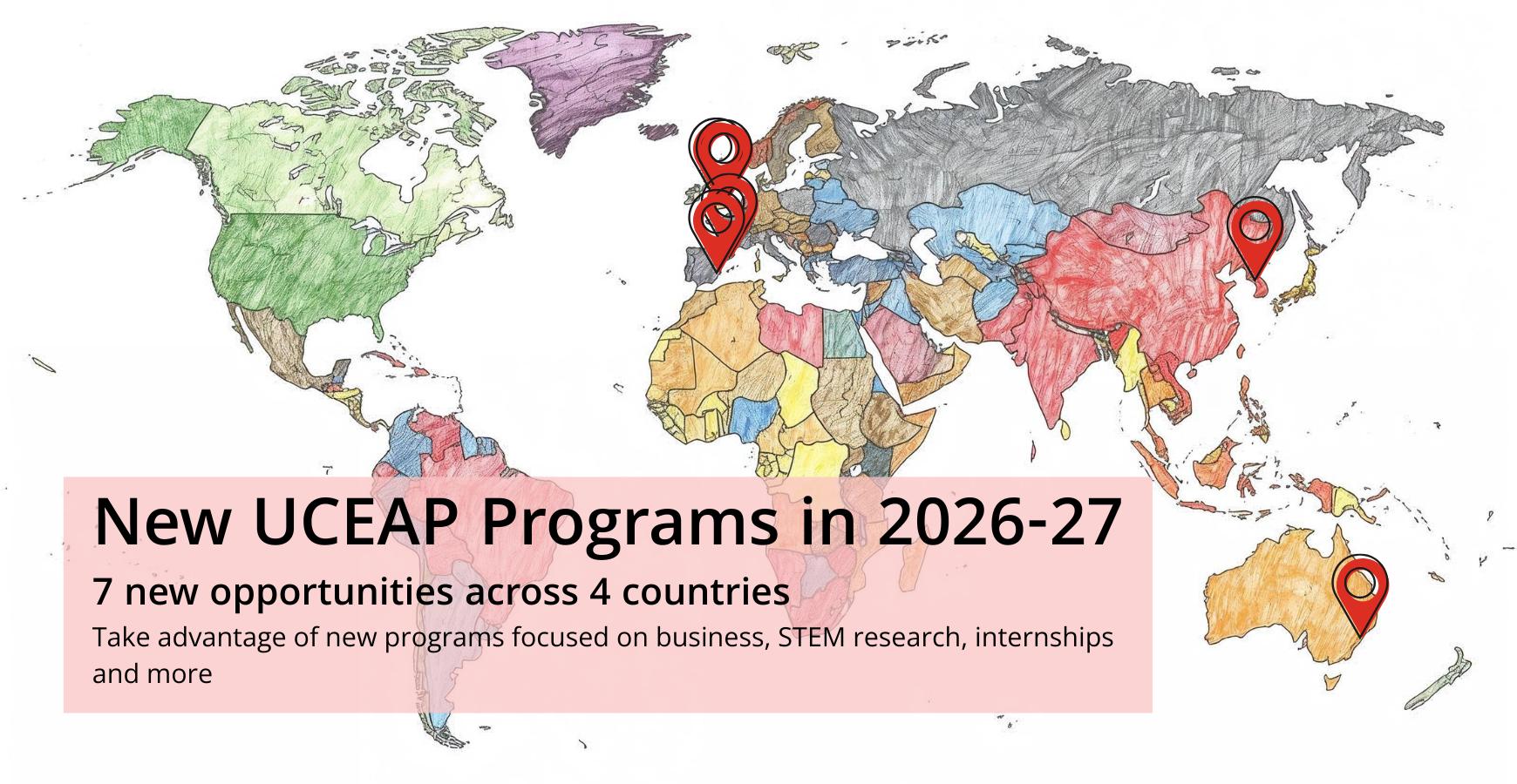 Header image showing illustrating world map with pins dropped over new program sites in England, Spain, Korea, and Australia Header image showing illustrating world map with pins dropped over new program sites in England, Spain, Korea, and Australia