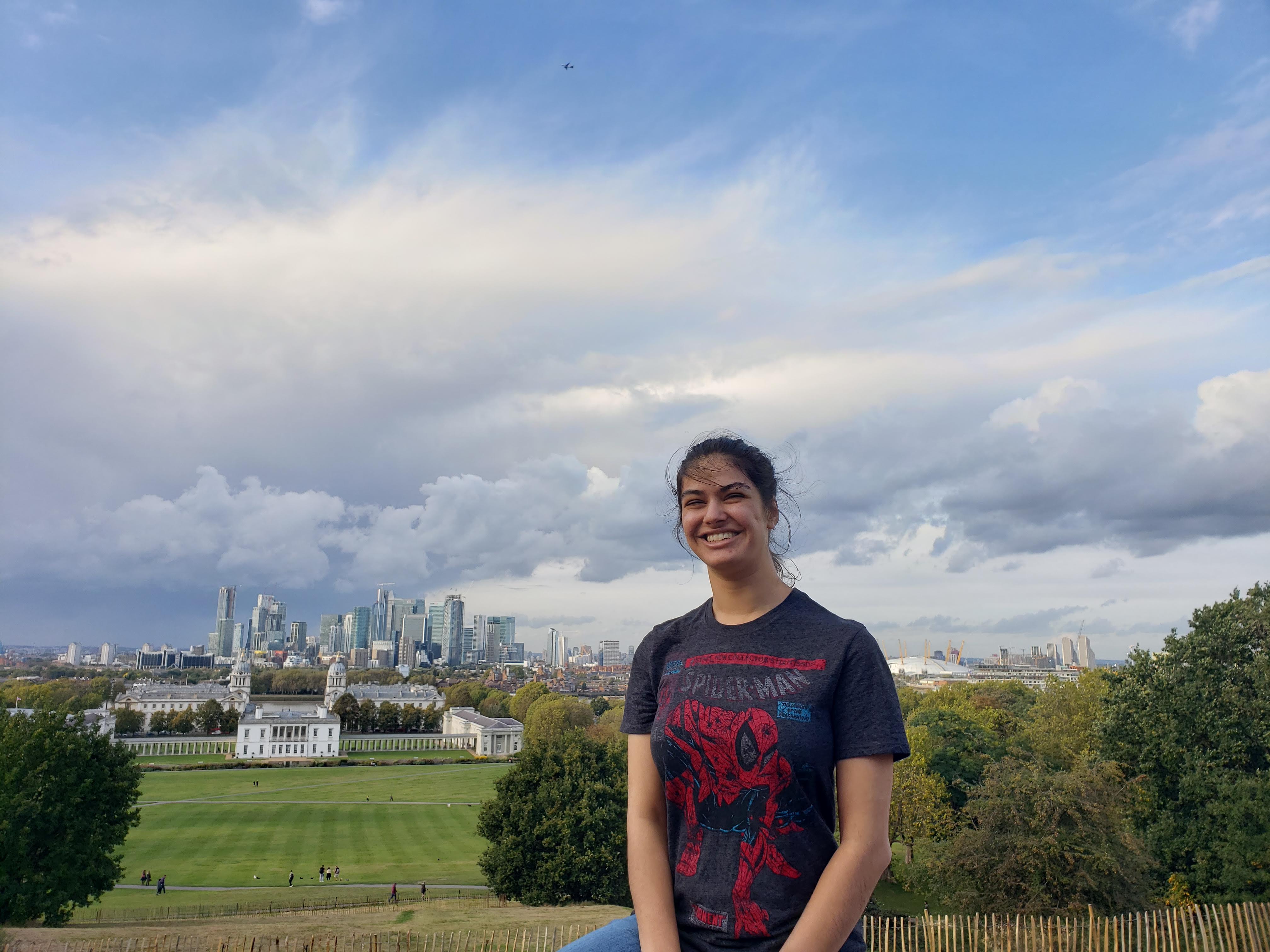 Julia at The Royal Observatory in Greenwich. The Prime Meridian passes through the observatory giving name to GMT 00-00- Greenwich Mean Time. The lookout overlooks Greenwich.