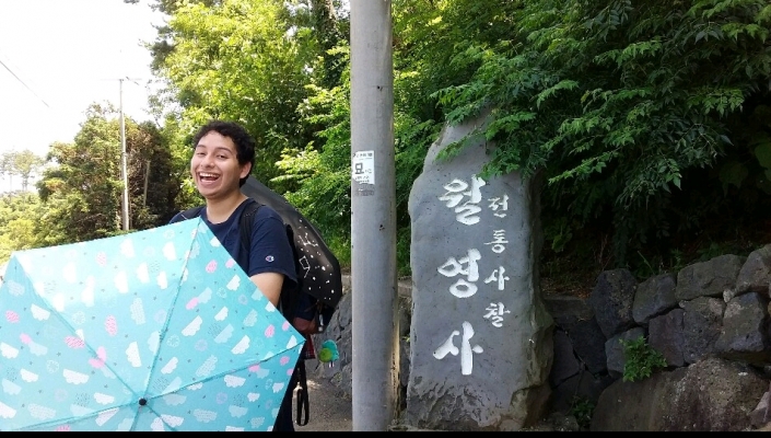 Edwin on a hot day visiting temples in Korea