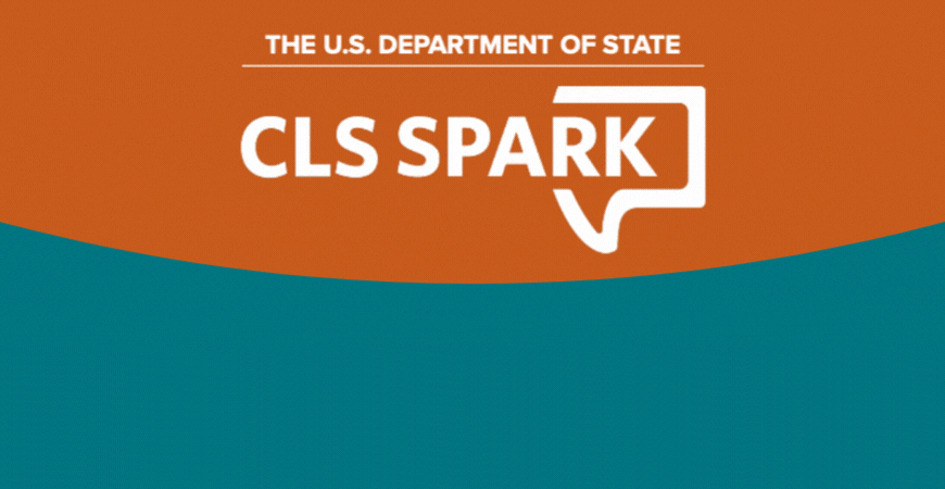 CLS Spark Program with logo and speech bubbles in Arabic, Chinese, and Russian