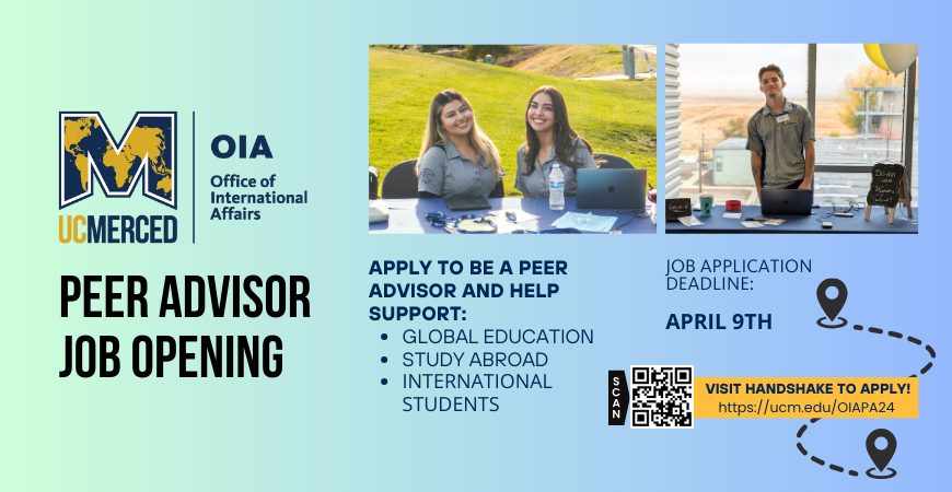 Apply to be a Peer Advisor and help support global education, Study Abroad, International Students; Apply by April 9