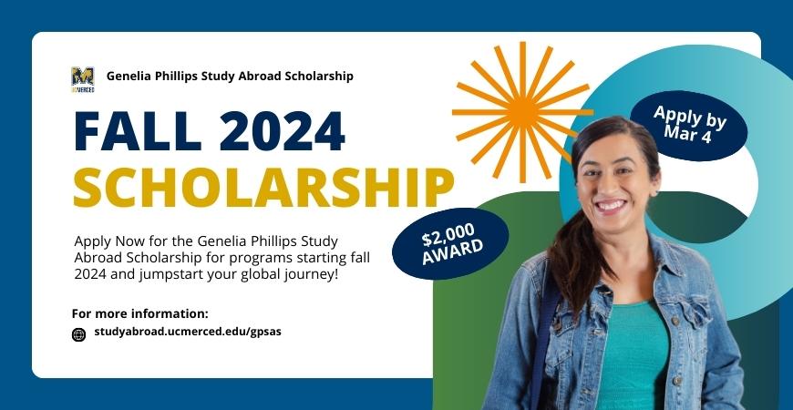 Scholarship announcement for the Genelia Phillips Study Abroad Scholarship encouraging students to apply now with a March 4 deadline for a $2,000 award and featuring a student smiling for a picture.