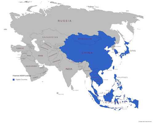 Map of East, Southeast Asia countries eligible for the Freeman-ASIA Program (Click to expand)