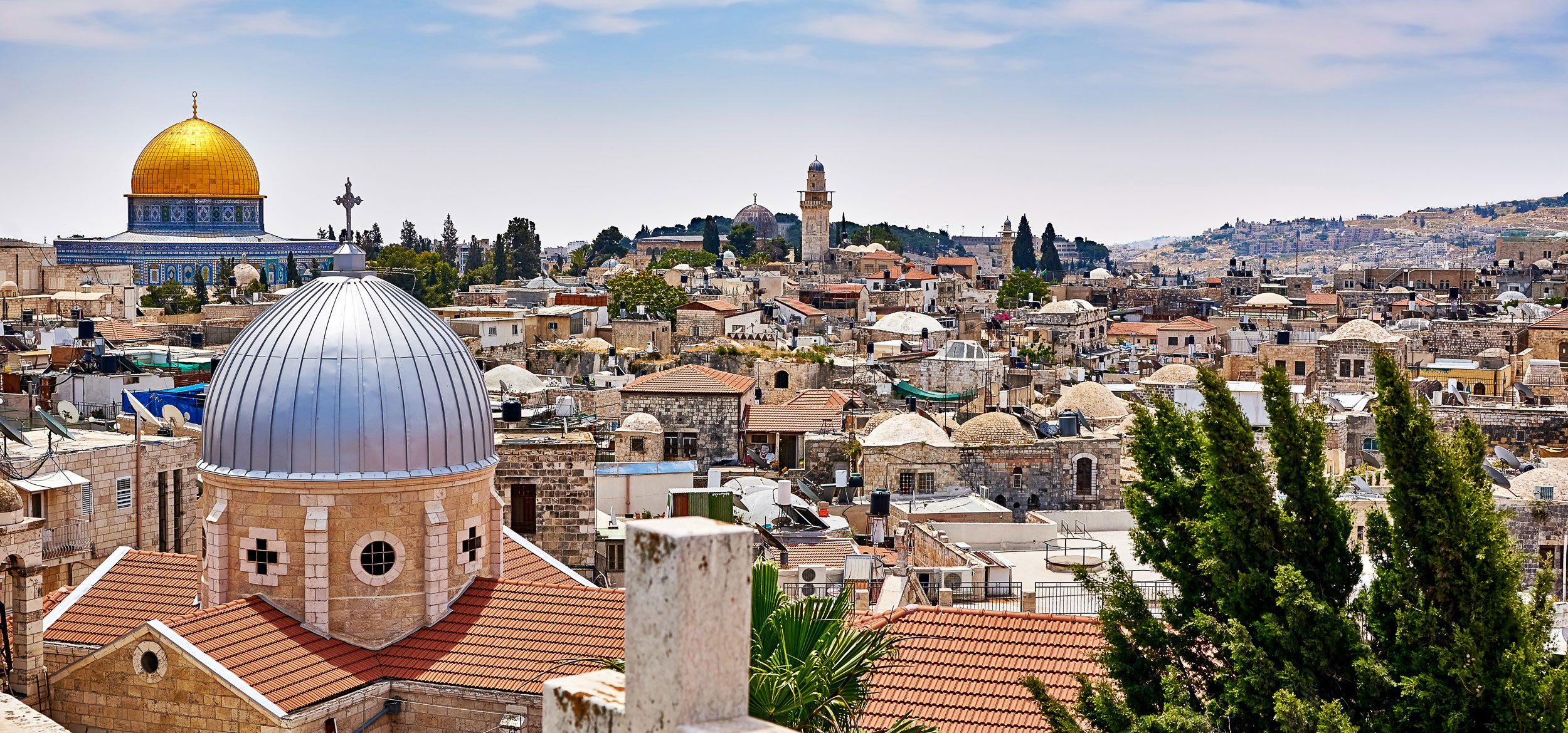 Aerial view of Jerusalem, Israel, with the golden Dome of the Rock on the Temple Mount in the background