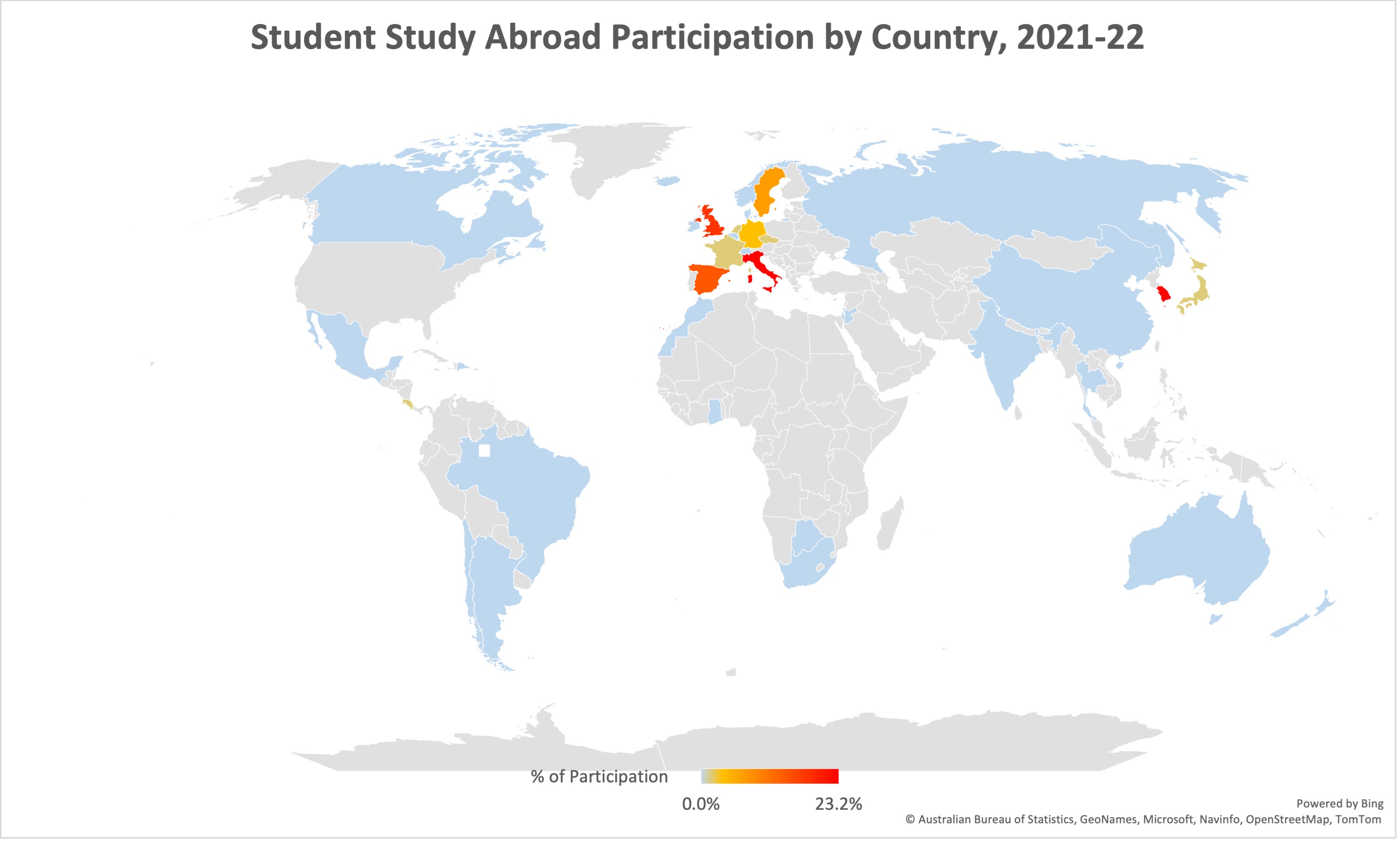 Map showing student participation concentrated in South Korea, Italy, United Kingdom, Spain, and Sweden