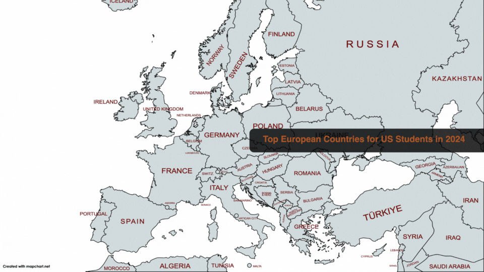 Map of Top European Countries for US Students in 2024