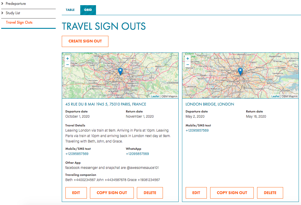 UCEAP Travel Signout Sample