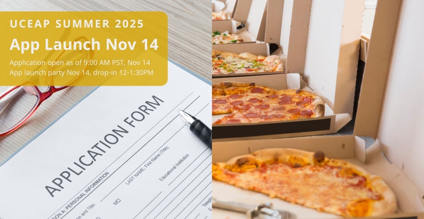 Side-by-side images suggesting an application and a pizza party to promote the app launch and the app launch party with event times